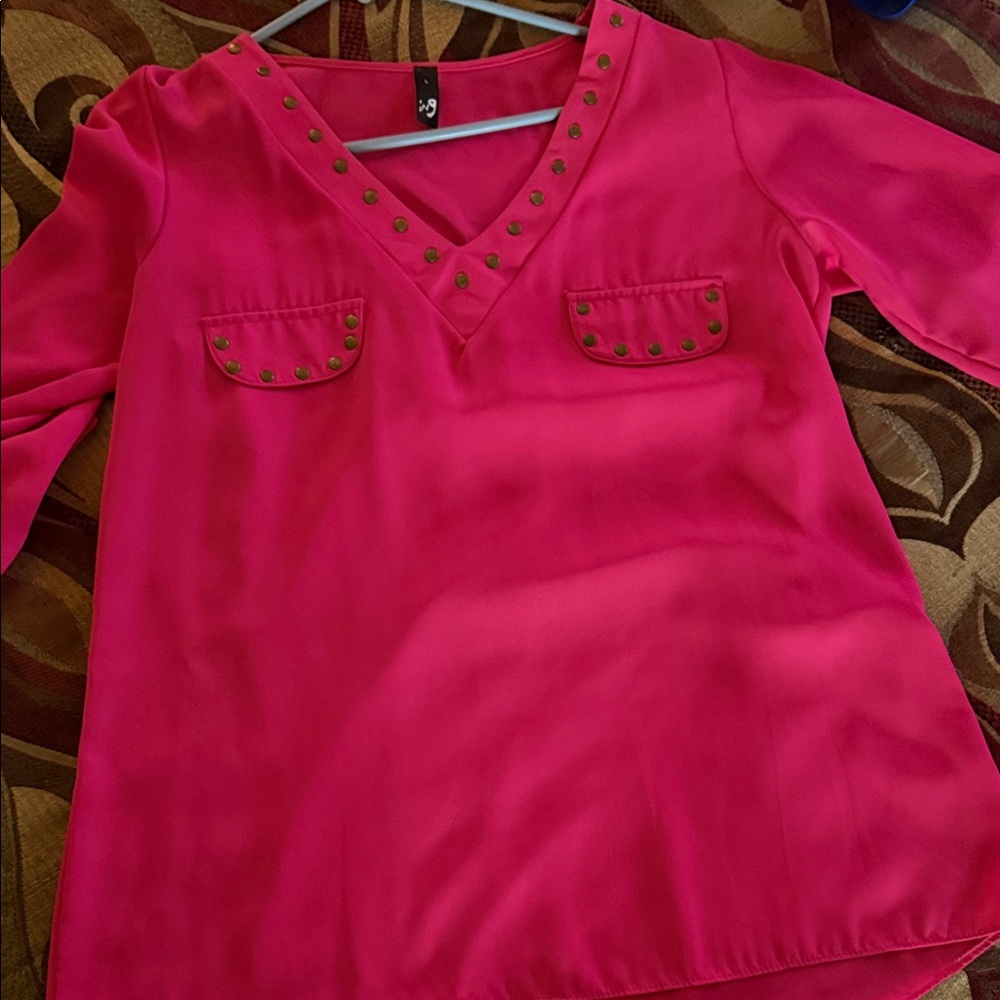 Vibrant Pink V-Neck Blouse with Stud Accents